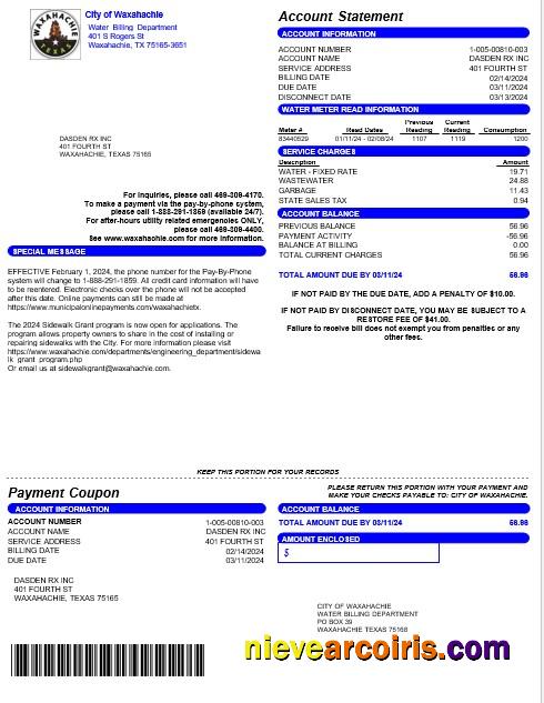 USA CITY OF WAXAHACHIE business utility bill